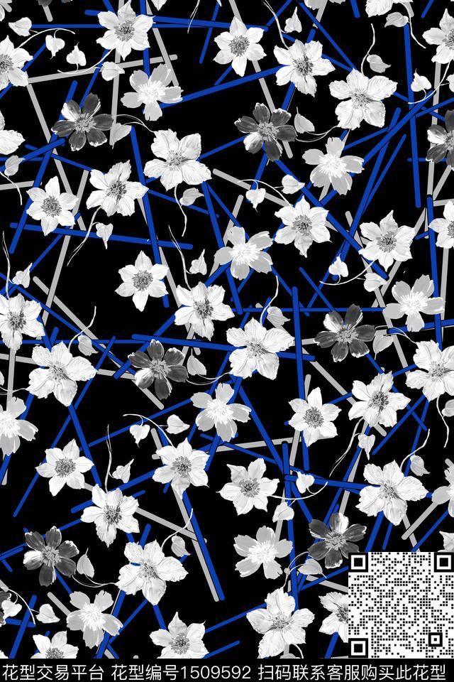 黑底花卉花卉大牌风数码印花华亿平台下载（图片编号: 1509592） - 瓦栏（Walan）