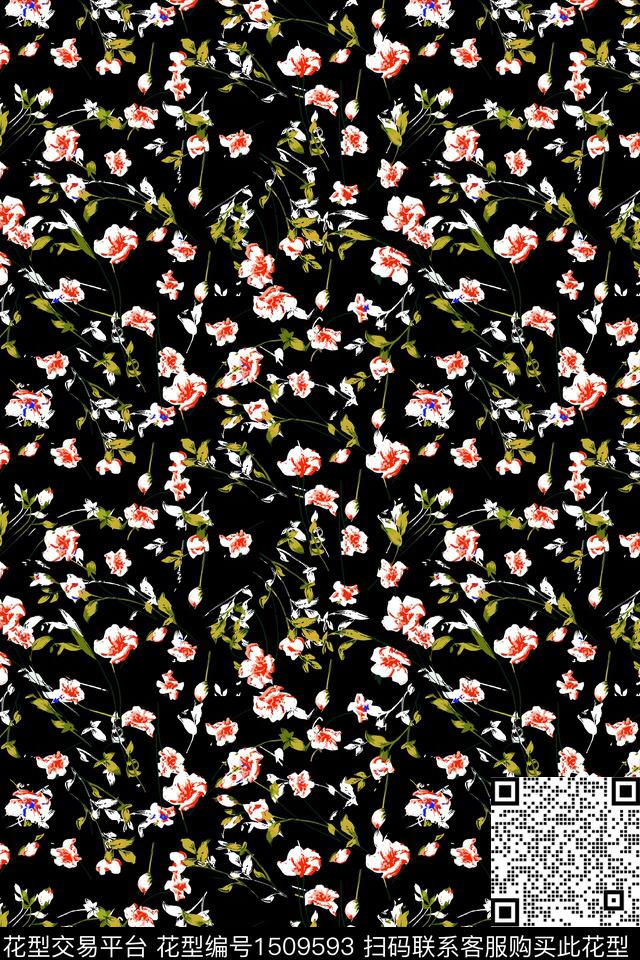 黑底花卉花卉大牌风数码印花华亿平台下载（图片编号: 1509593） - 瓦栏（Walan）