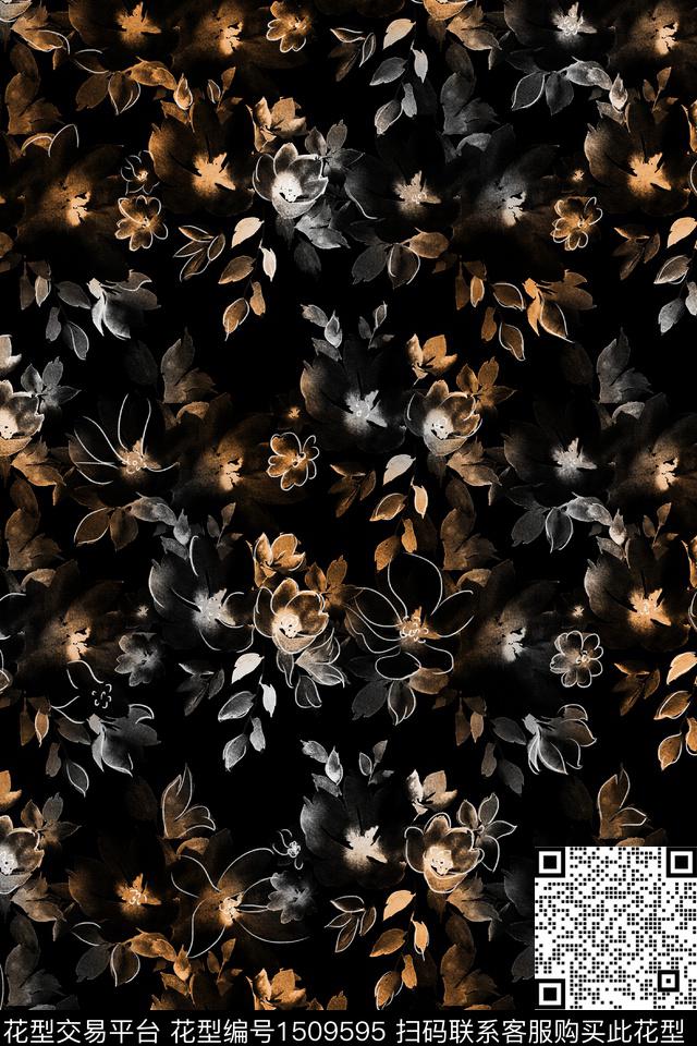 黑底花卉花卉大牌风数码印花华亿平台下载（图片编号: 1509595） - 瓦栏（Walan）