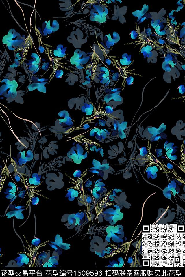 黑底花卉花卉大牌风数码印花华亿平台下载（图片编号: 1509596） - 瓦栏（Walan）
