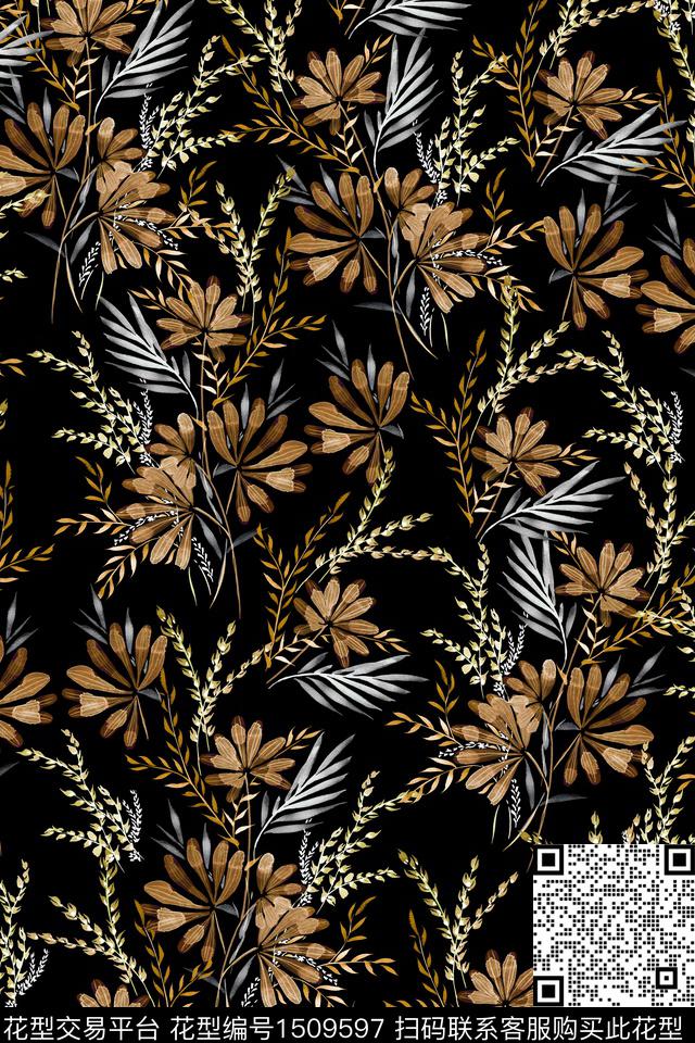 黑底花卉花卉大牌风数码印花华亿平台下载（图片编号: 1509597） - 瓦栏（Walan）
