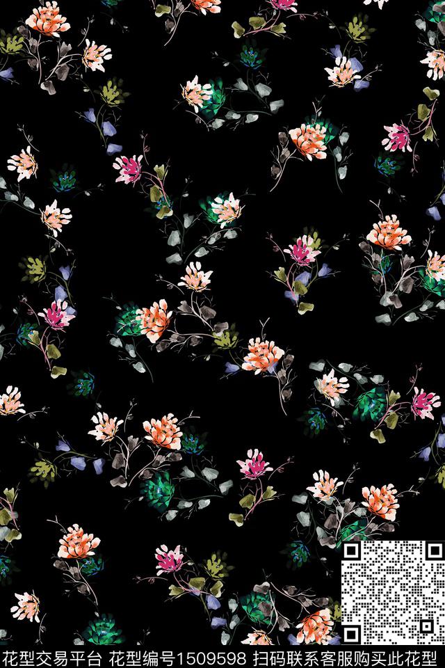 黑底花卉花卉大牌风数码印花华亿平台下载（图片编号: 1509598） - 瓦栏（Walan）