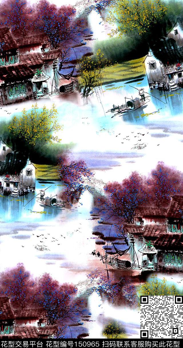 水彩手绘景观风景房屋数码印花华亿平台下载（图片编号: 150965） - 瓦栏（Walan）