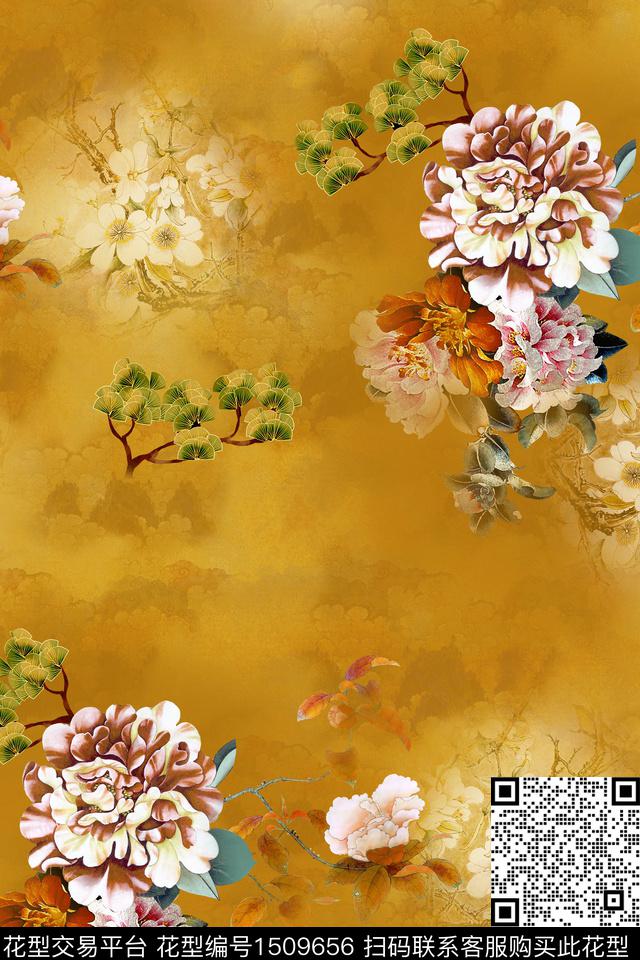 香云纱中国风复古旗袍花数码印花华亿平台下载（图片编号: 1509656） - 瓦栏（Walan）