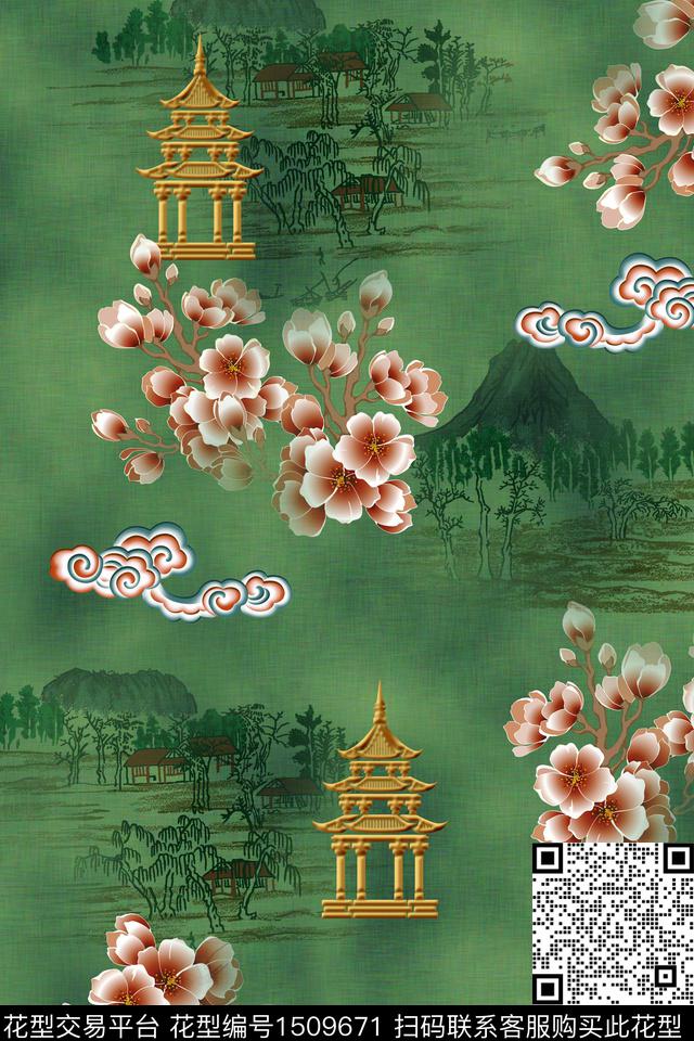 花卉香云纱旗袍数码印花华亿平台下载（图片编号: 1509671） - 瓦栏（Walan）