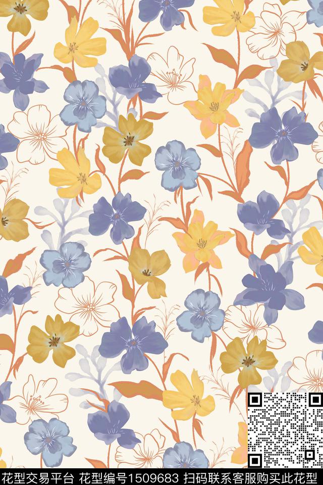 抽象花卉花卉手绘数码印花华亿平台下载（图片编号: 1509683） - 瓦栏（Walan）