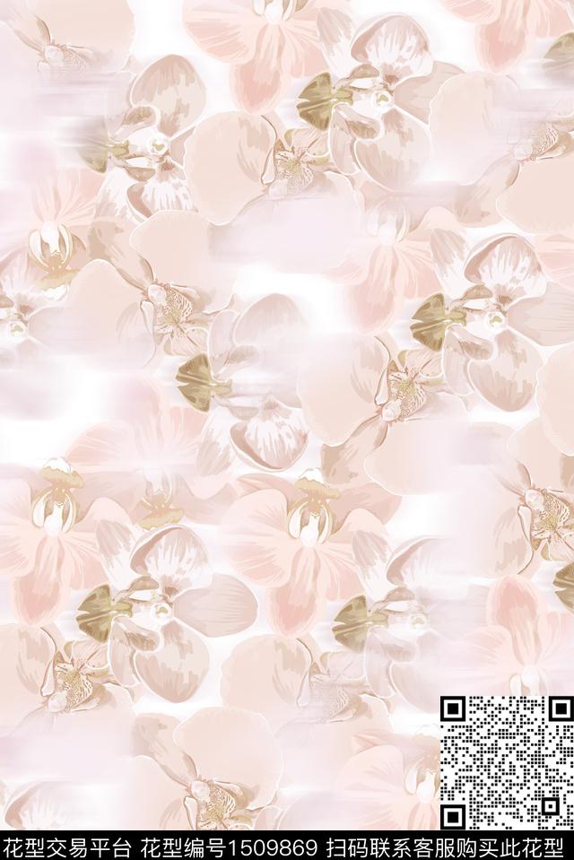 花卉蝴蝶兰朦胧花卉数码印花华亿平台下载（图片编号: 1509869） - 瓦栏（Walan）