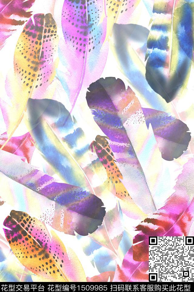 羽毛小清新真丝数码印花华亿平台下载（图片编号: 1509985） - 瓦栏（Walan）
