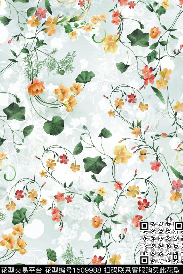 花卉小清新真丝数码印花华亿平台下载（图片编号: 1509988） - 瓦栏（Walan）