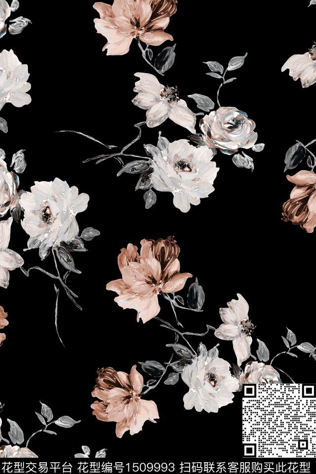 黑底花卉花卉真丝数码印花华亿平台下载（图片编号: 1509993） - 瓦栏（Walan）