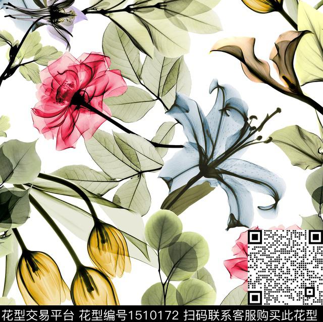 玫瑰花百合透视花卉数码印花华亿平台下载（图片编号: 1510172） - 瓦栏（Walan）