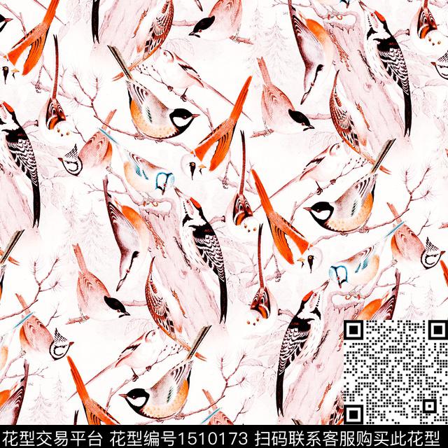 趣味鸟小碎花数码印花华亿平台下载（图片编号: 1510173） - 瓦栏（Walan）