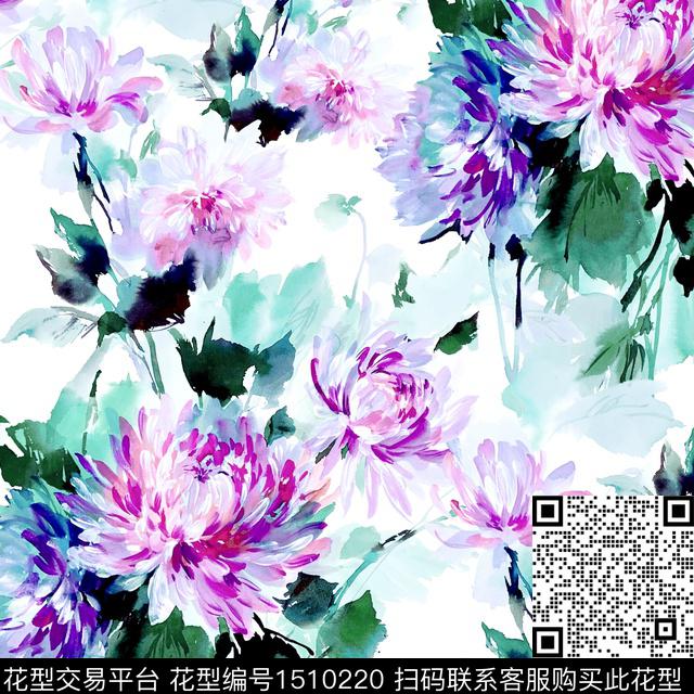 手绘花卉大花大丽花数码印花华亿平台下载（图片编号: 1510220） - 瓦栏（Walan）