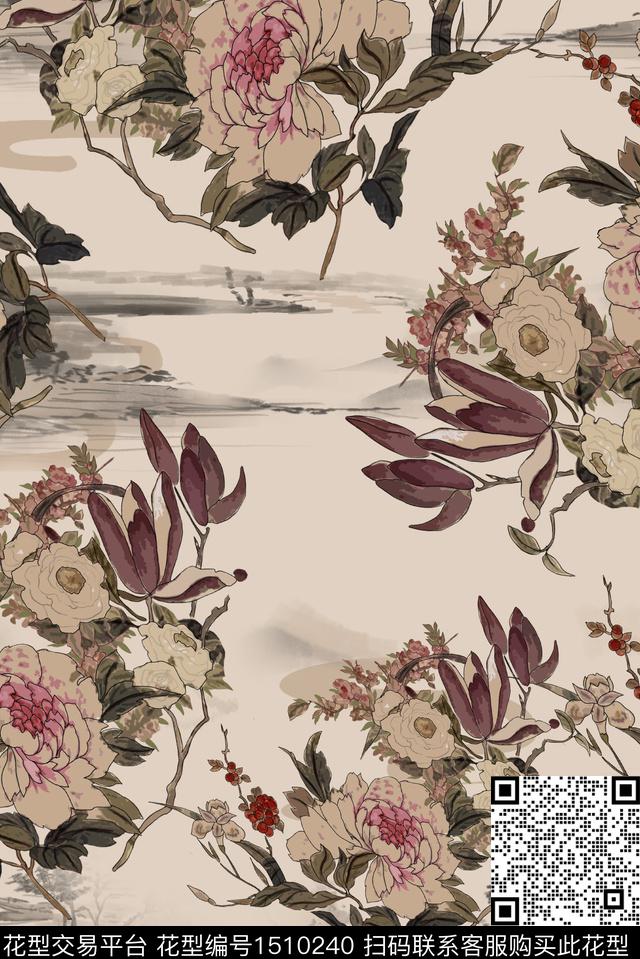 连衣裙绿植树叶花卉数码印花华亿平台下载（图片编号: 1510240） - 瓦栏（Walan）