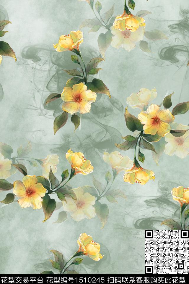 连衣裙绿植树叶花卉数码印花华亿平台下载（图片编号: 1510245） - 瓦栏（Walan）