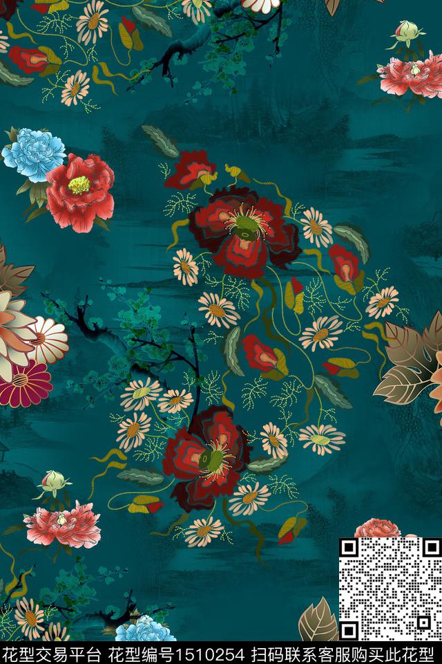 绿植树叶连衣裙大牌风数码印花华亿平台下载（图片编号: 1510254） - 瓦栏（Walan）