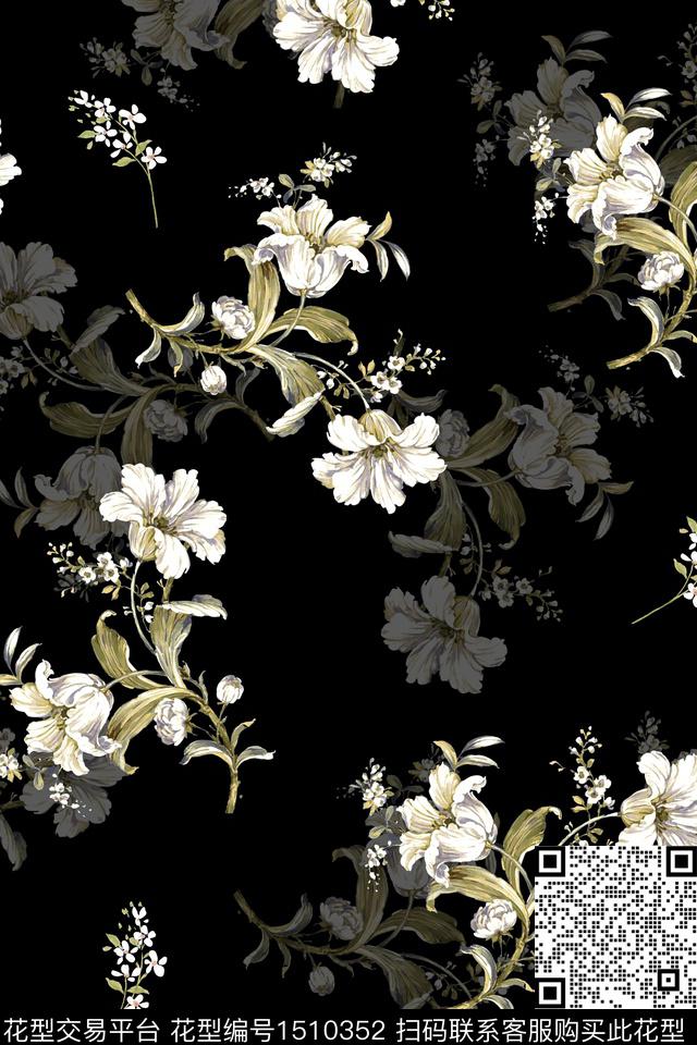 黑底花卉花卉真丝数码印花华亿平台下载（图片编号: 1510352） - 瓦栏（Walan）