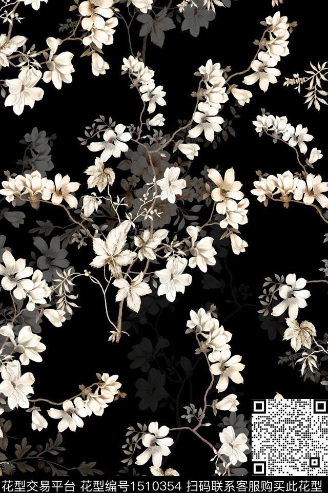 黑底花卉花卉真丝数码印花华亿平台下载（图片编号: 1510354） - 瓦栏（Walan）