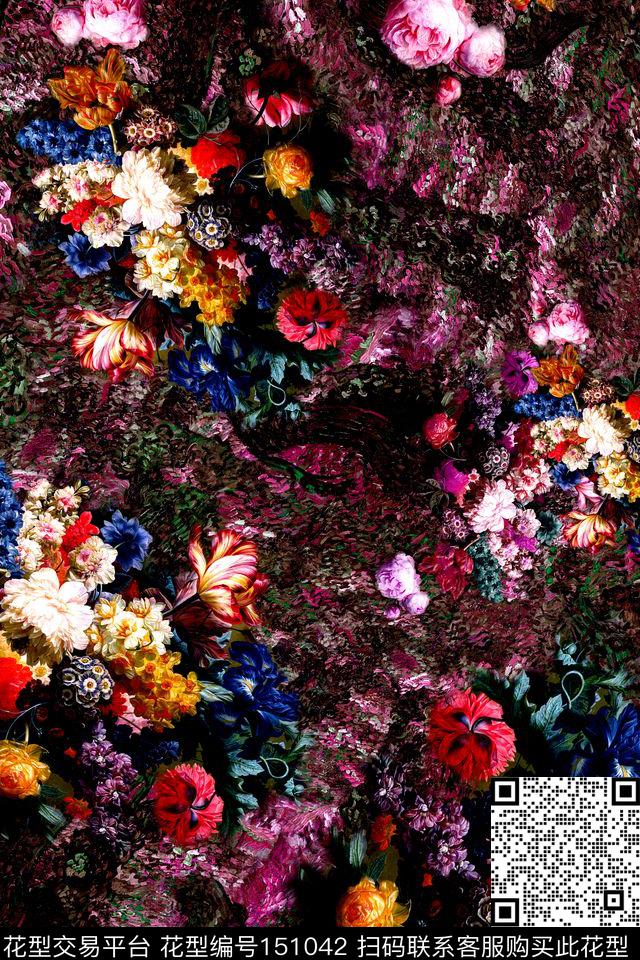 油画花卉欧洲风情数码印花华亿平台下载（图片编号: 151042） - 瓦栏（Walan）