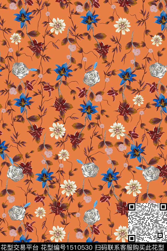 花卉手绘花卉风格化花卉数码印花华亿平台下载（图片编号: 1510530） - 瓦栏（Walan）