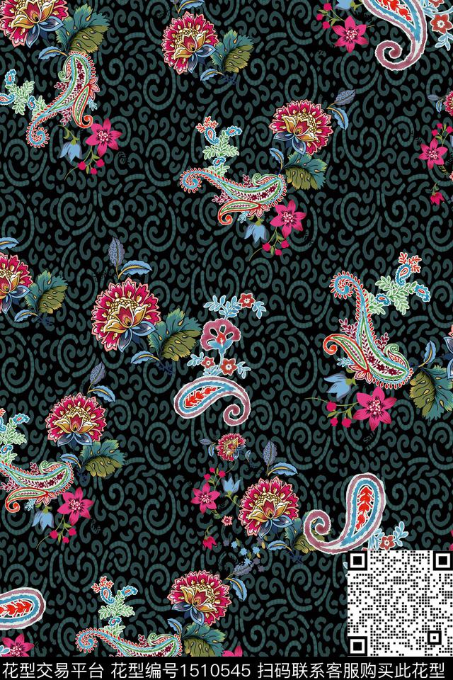佩斯利花卉香云纱数码印花华亿平台下载（图片编号: 1510545） - 瓦栏（Walan）