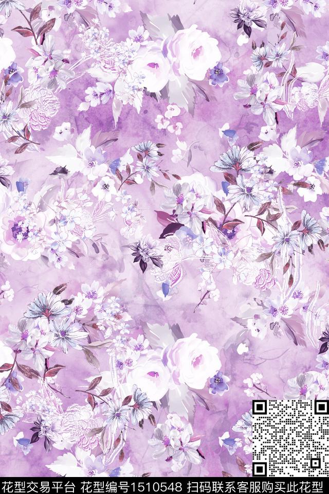 花卉香云纱植物数码印花华亿平台下载（图片编号: 1510548） - 瓦栏（Walan）