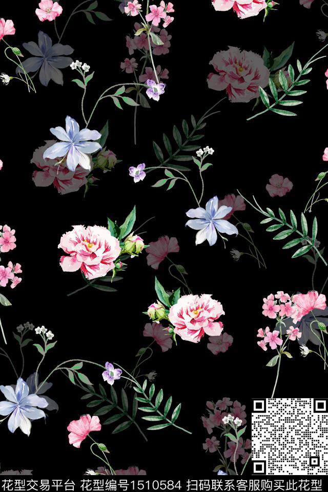 黑底花卉花卉真丝数码印花华亿平台下载（图片编号: 1510584） - 瓦栏（Walan）