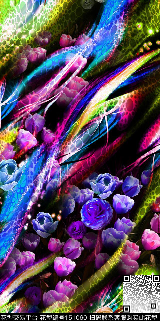 花卉穿插组合数码印花华亿平台下载（图片编号: 151060） - 瓦栏（Walan）