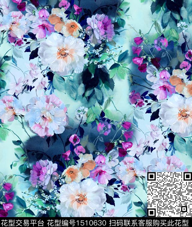 真丝手绘花卉大花数码印花华亿平台下载（图片编号: 1510630） - 瓦栏（Walan）