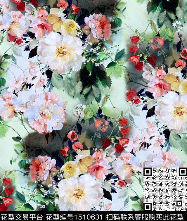 真丝手绘花卉大花数码印花华亿平台下载（图片编号: 1510631） - 瓦栏（Walan）