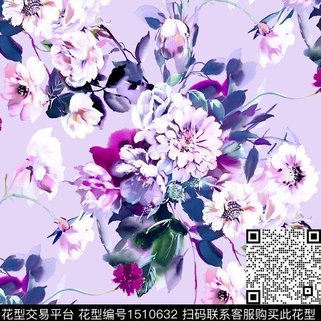 真丝手绘花卉大花数码印花华亿平台下载（图片编号: 1510632） - 瓦栏（Walan）