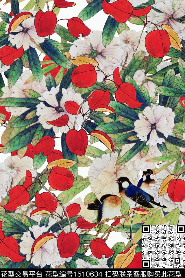 绿植树叶花鸟民族风数码印花华亿平台下载（图片编号: 1510634） - 瓦栏（Walan）