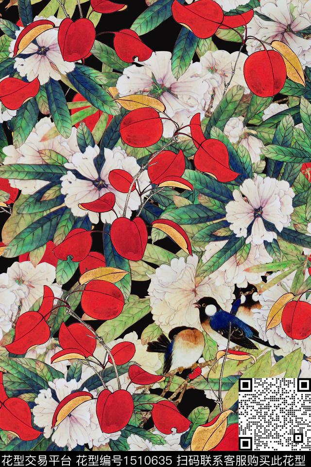 绿植树叶花鸟民族风数码印花华亿平台下载（图片编号: 1510635） - 瓦栏（Walan）