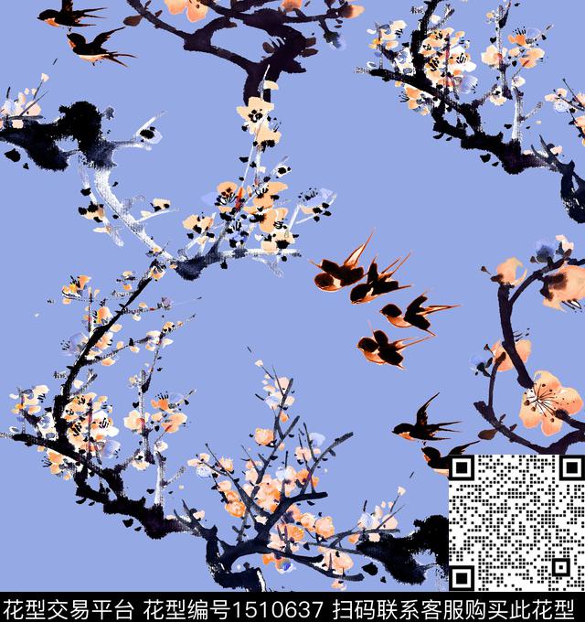 梅花连衣裙喜鹊数码印花华亿平台下载（图片编号: 1510637） - 瓦栏（Walan）