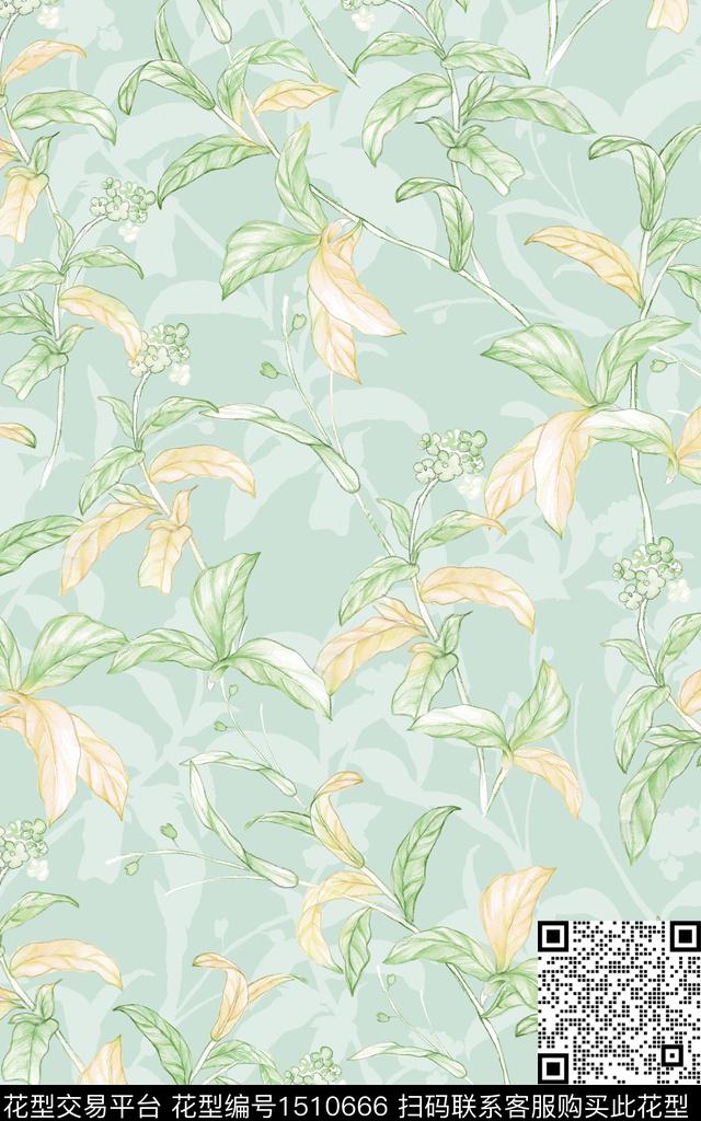 绿植树叶小清新真丝数码印花华亿平台下载（图片编号: 1510666） - 瓦栏（Walan）