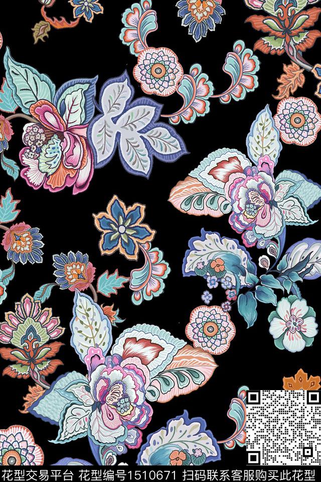 民族风复古真丝数码印花华亿平台下载（图片编号: 1510671） - 瓦栏（Walan）