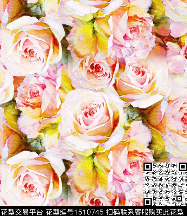 小清新手绘玫瑰水彩花卉数码印花华亿平台下载（图片编号: 1510745） - 瓦栏（Walan）