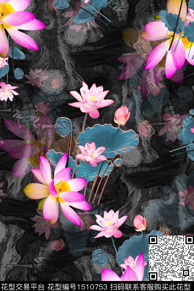 黑底花卉大花组合花卉数码印花华亿平台下载（图片编号: 1510753） - 瓦栏（Walan）