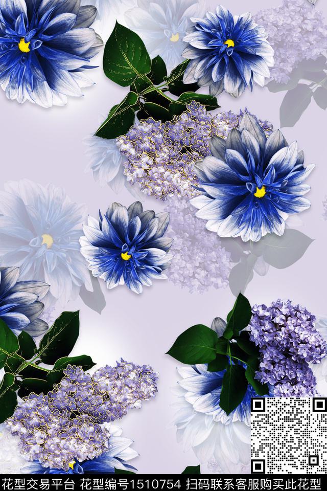 黑底花卉大花组合花卉数码印花华亿平台下载（图片编号: 1510754） - 瓦栏（Walan）