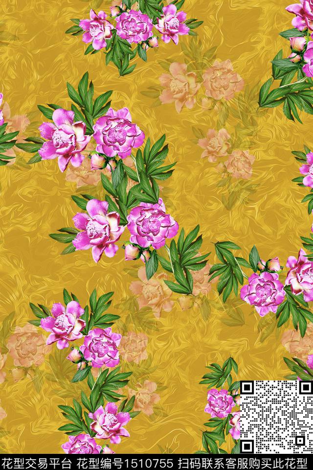 黑底花卉大花组合花卉数码印花华亿平台下载（图片编号: 1510755） - 瓦栏（Walan）