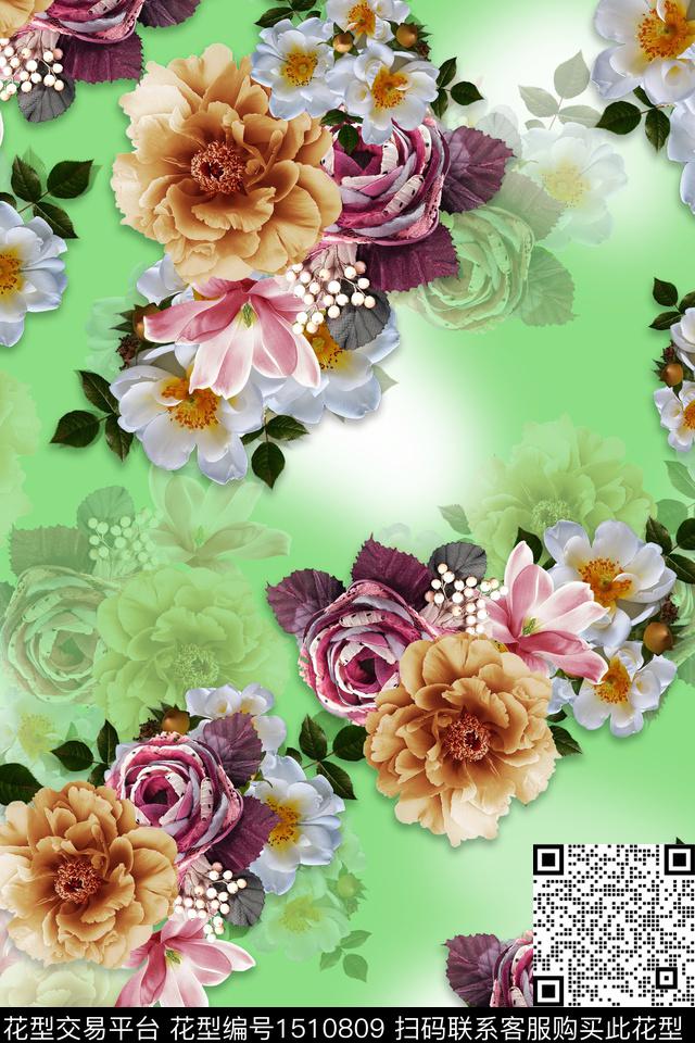 黑底花卉大花组合花卉数码印花华亿平台下载（图片编号: 1510809） - 瓦栏（Walan）