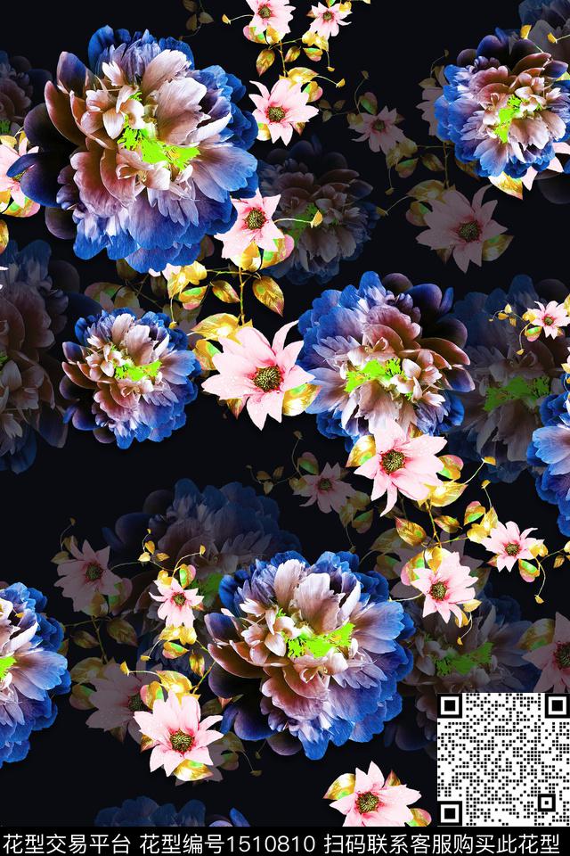 黑底花卉大花组合花卉数码印花华亿平台下载（图片编号: 1510810） - 瓦栏（Walan）