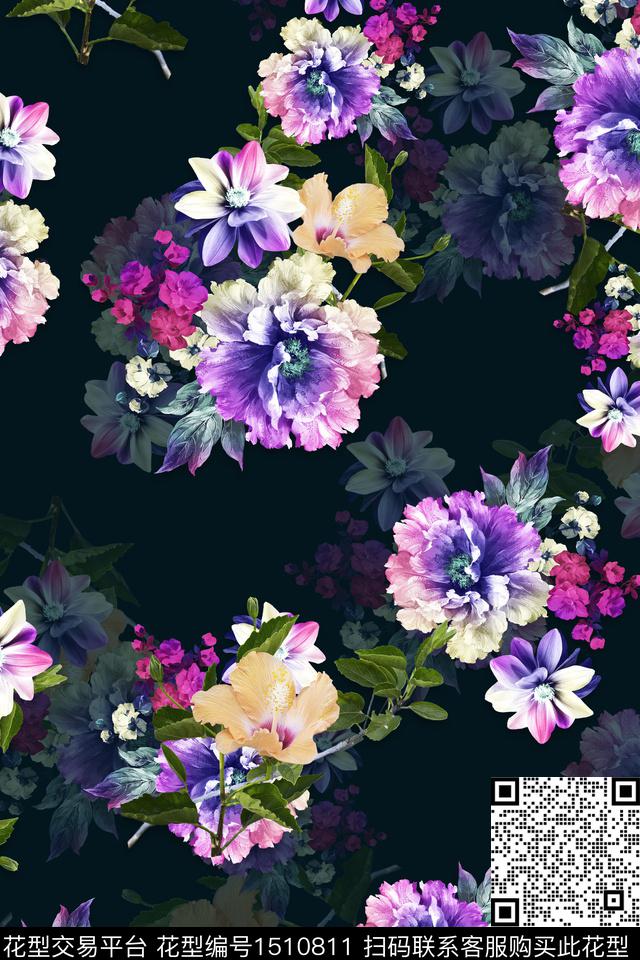 黑底花卉大花组合花卉数码印花华亿平台下载（图片编号: 1510811） - 瓦栏（Walan）