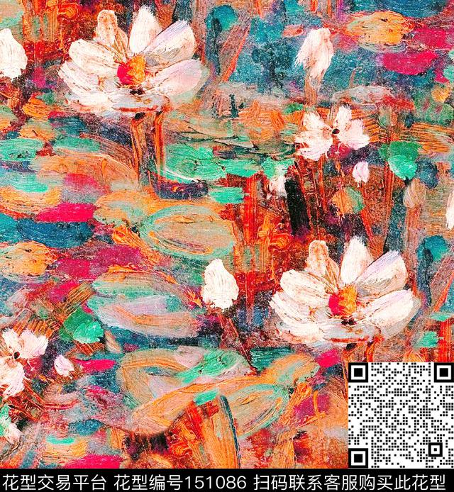 油画荷花莲花数码印花华亿平台下载（图片编号: 151086） - 瓦栏（Walan）