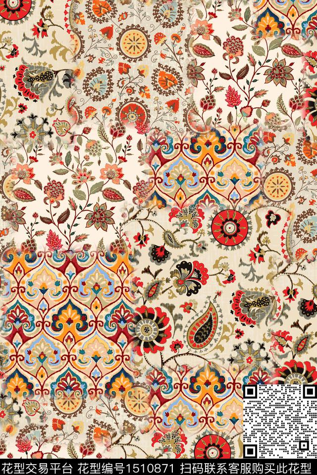 几何民族风花卉数码印花华亿平台下载（图片编号: 1510871） - 瓦栏（Walan）