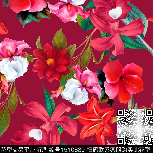 兰花大花真丝数码印花华亿平台下载（图片编号: 1510889） - 瓦栏（Walan）