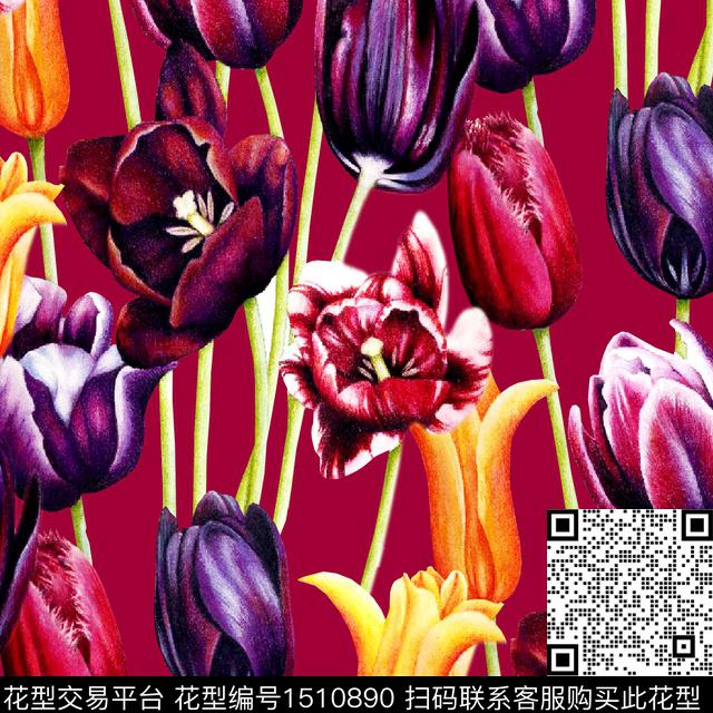 兰花郁金香大花数码印花华亿平台下载（图片编号: 1510890） - 瓦栏（Walan）