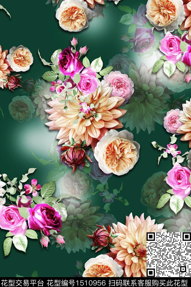 黑底花卉大花组合花卉数码印花华亿平台下载（图片编号: 1510956） - 瓦栏（Walan）