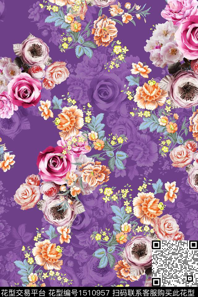 黑底花卉大花组合花卉数码印花华亿平台下载（图片编号: 1510957） - 瓦栏（Walan）