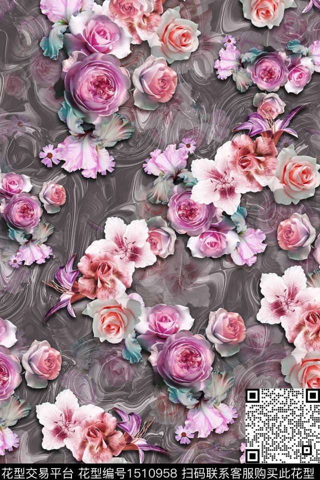 黑底花卉大花组合花卉数码印花华亿平台下载（图片编号: 1510958） - 瓦栏（Walan）